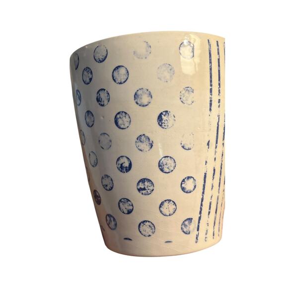 Blue & White Pottery Tumbler, Vase, Kitchen Utensil Holder/ Bird-PolkDot-Stripes - Picture 11 of 17